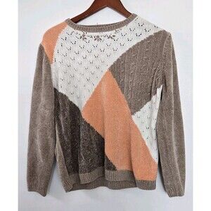 Alfred Dunner Sweater Womens PS Brown Patchwork Sequin Grandma Cozy Goblincore